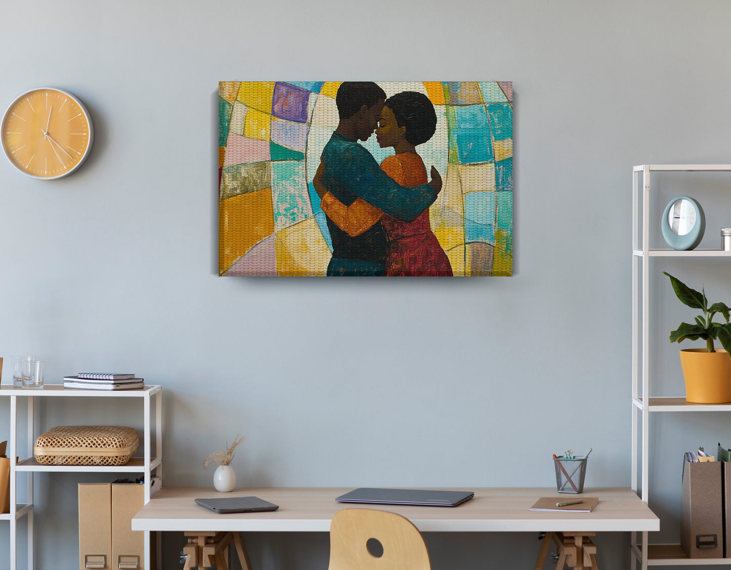 Black Couple Embrace Stained Glass Black love wall art displayed as office wall decor