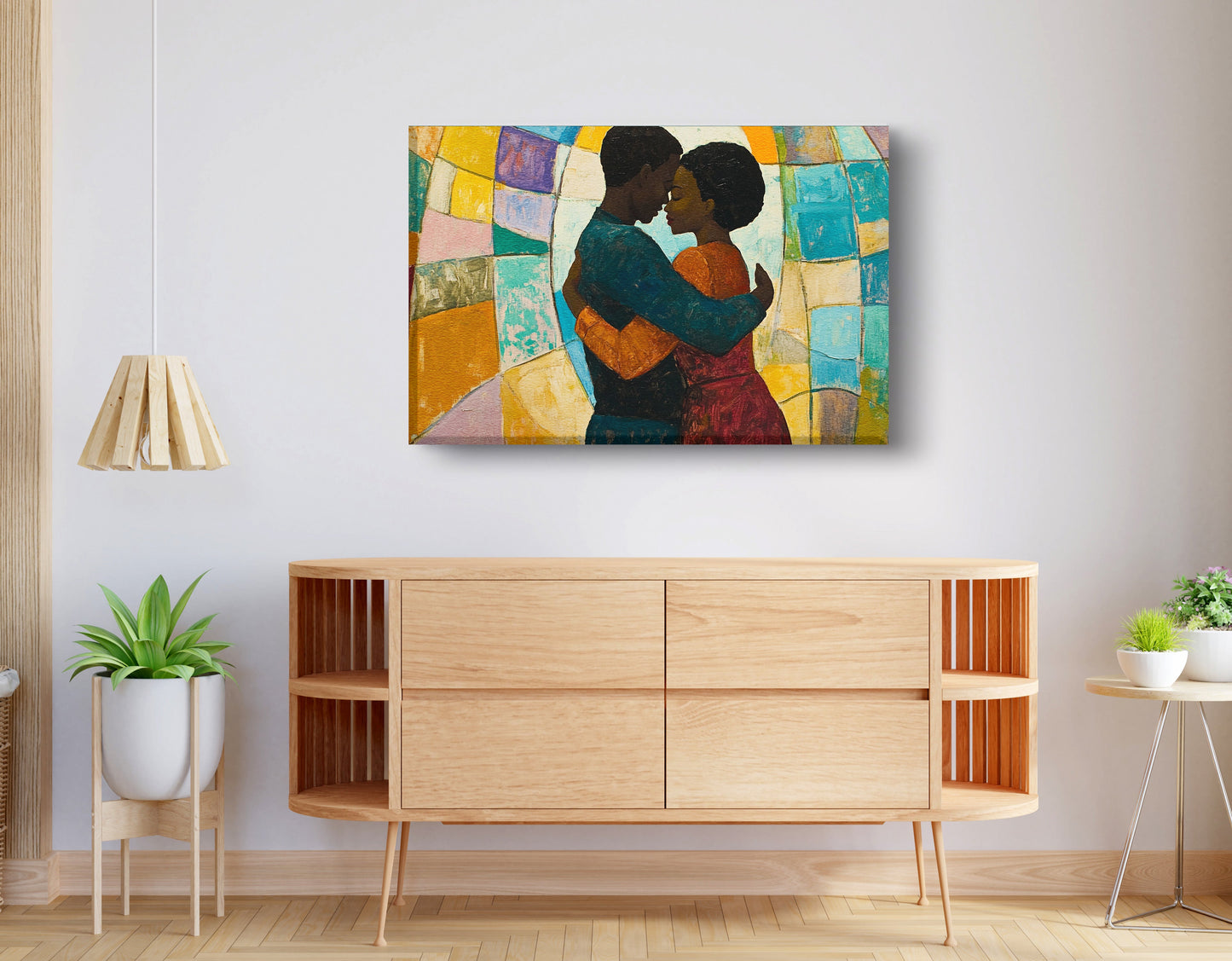 Black Couple Embrace Stained Glass Black love wall art displayed as living room wall decor