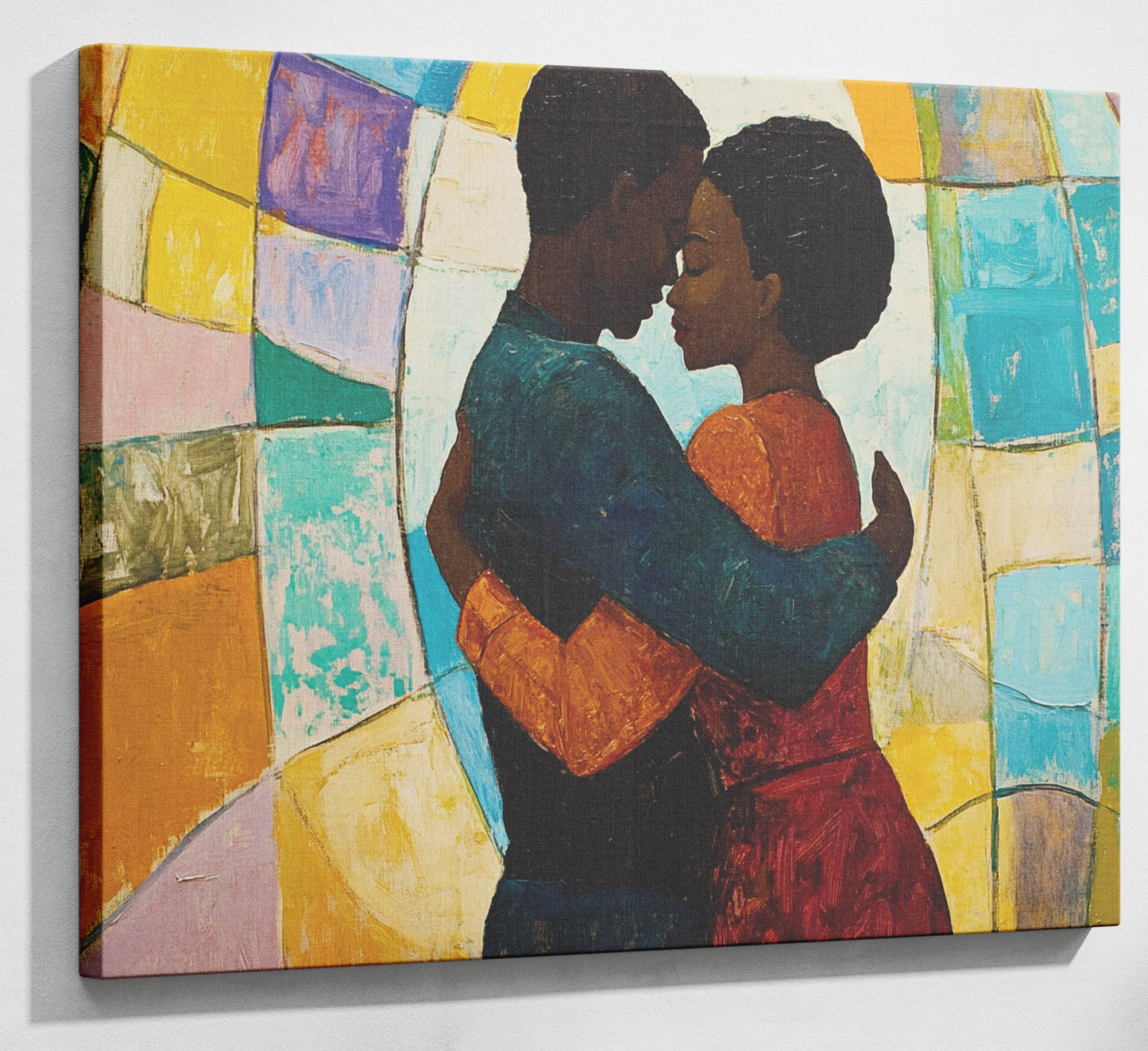Black Couple Embrace Stained Glass Black love wall art canvas print with visible wall art format