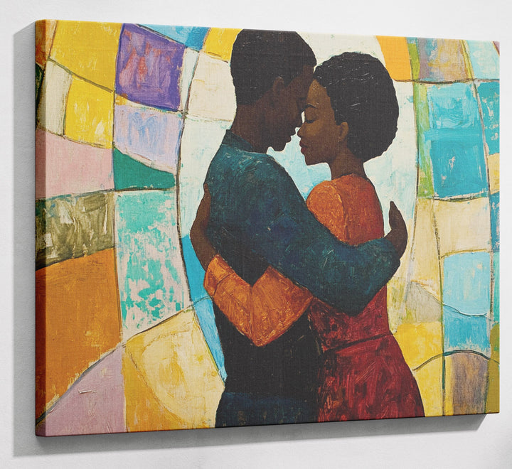 Black Couple Embrace Stained Glass Black love wall art canvas print with visible wall art format