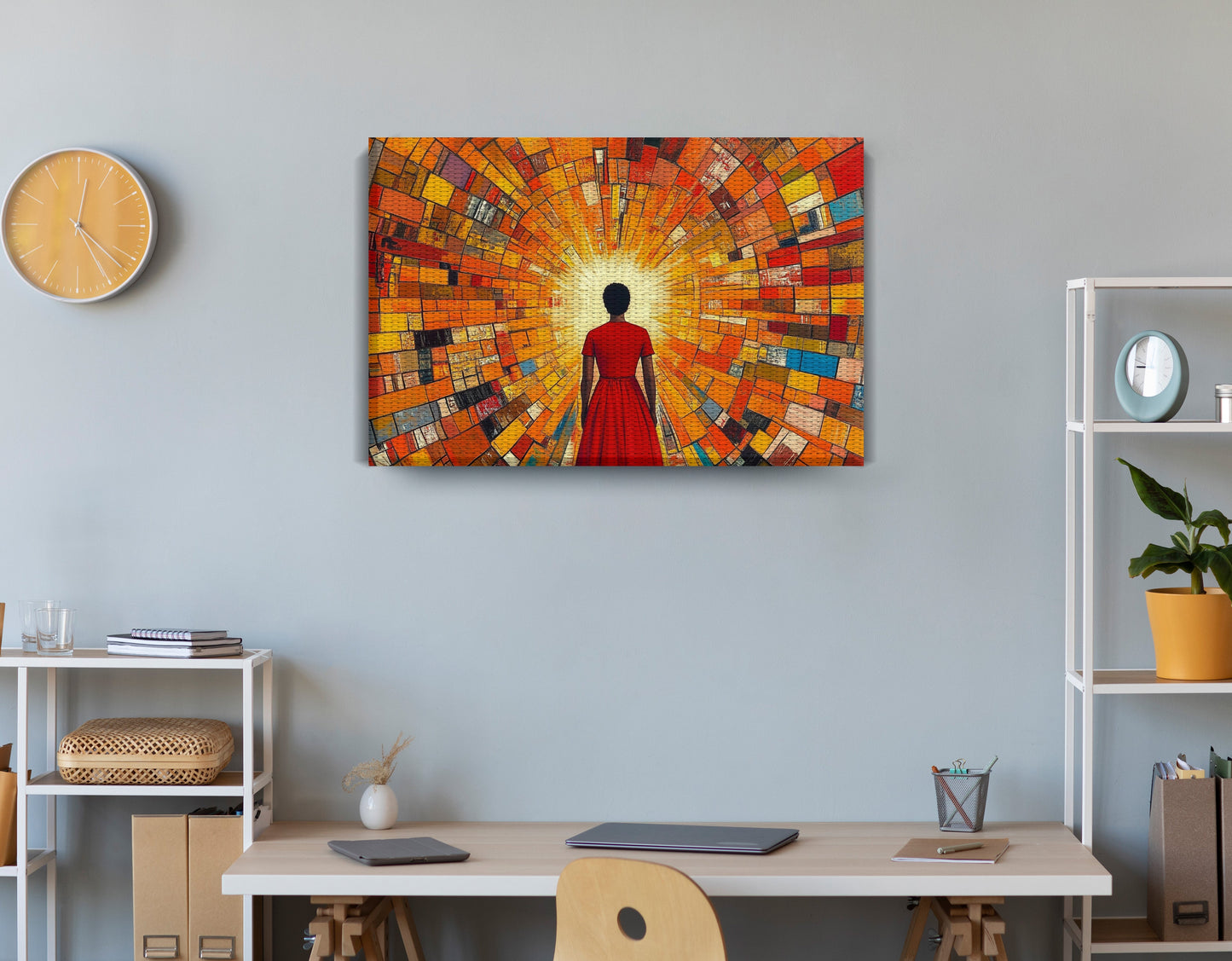 Black Girl Sunburst Black children wall art displayed as office wall decor