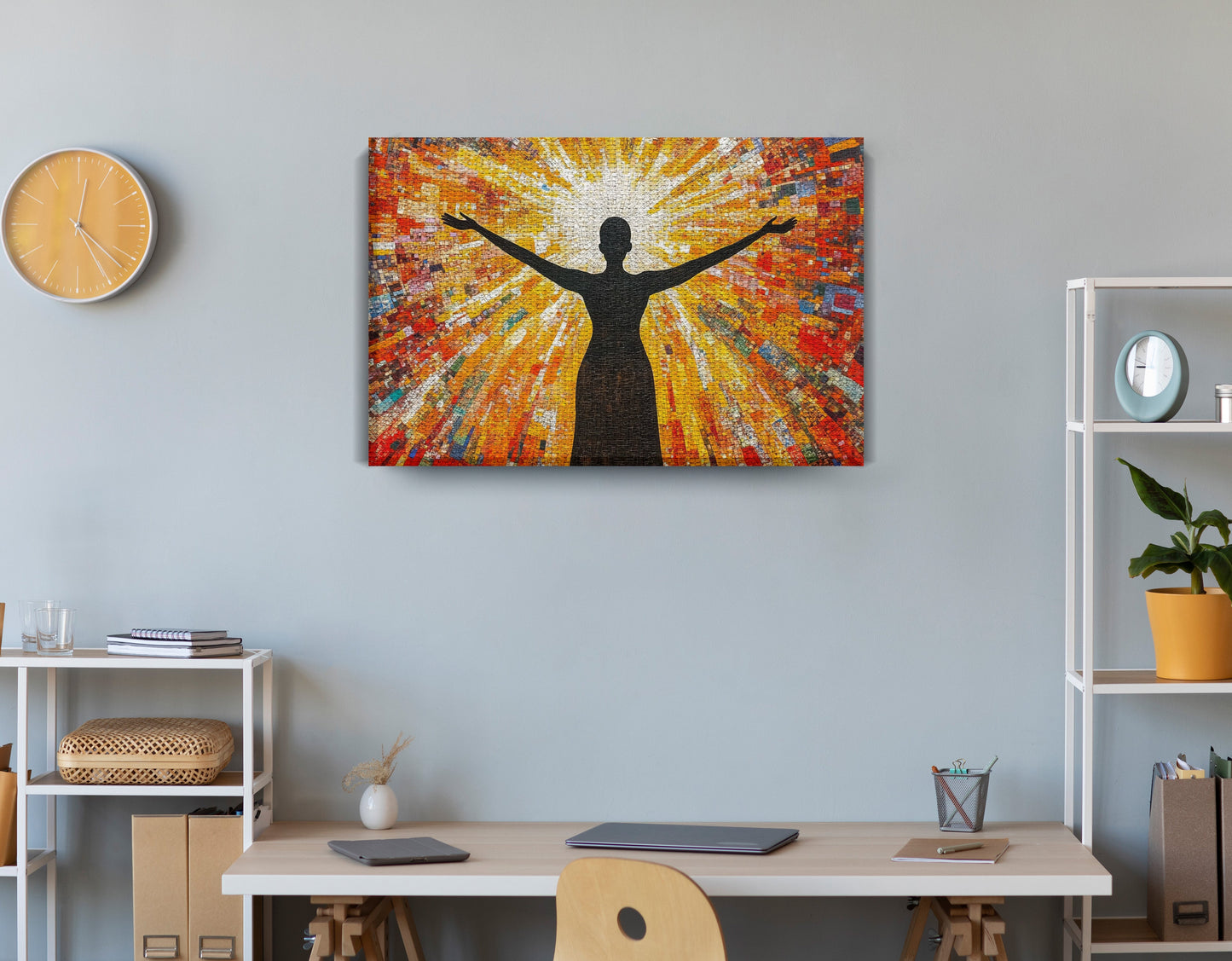 Black Woman Radiant Sun African American wall art displayed as office wall decor