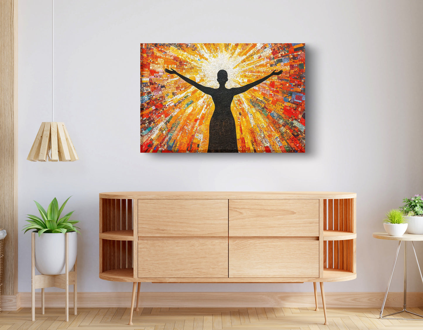 Black Woman Radiant Sun African American wall art displayed as living room wall decor