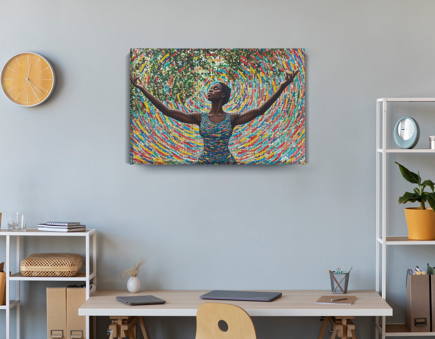 Black Woman Colorful Abstract African American wall art displayed as office wall decor