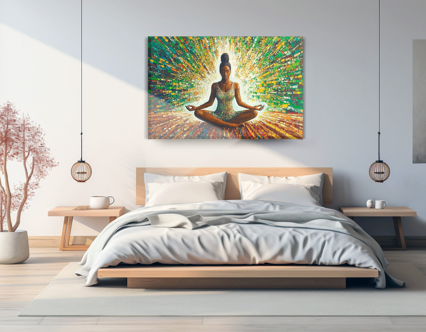 Black Woman Green Meditation African American wall art displayed as bedroom wall decor