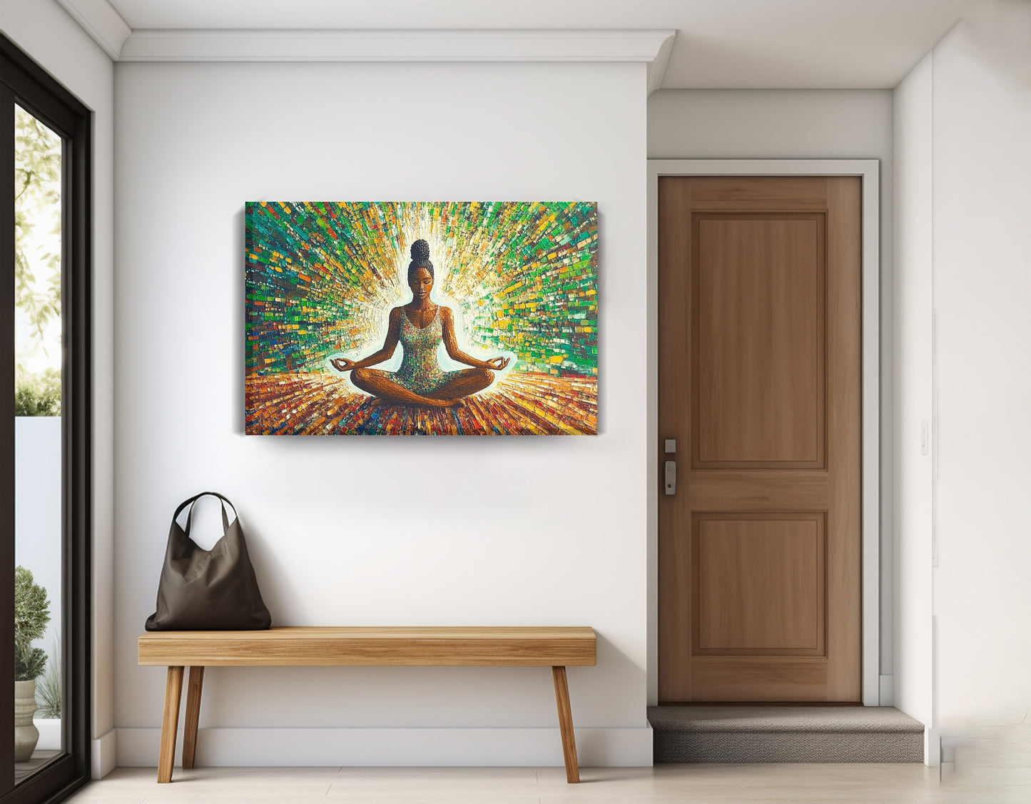 Black Woman Green Meditation African American wall art displayed as entryway wall decor