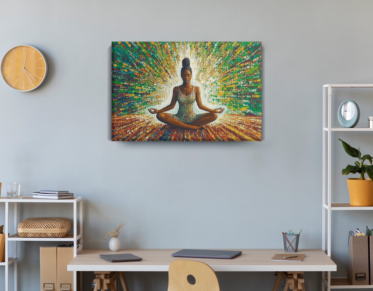 Black Woman Green Meditation African American wall art displayed as office wall decor