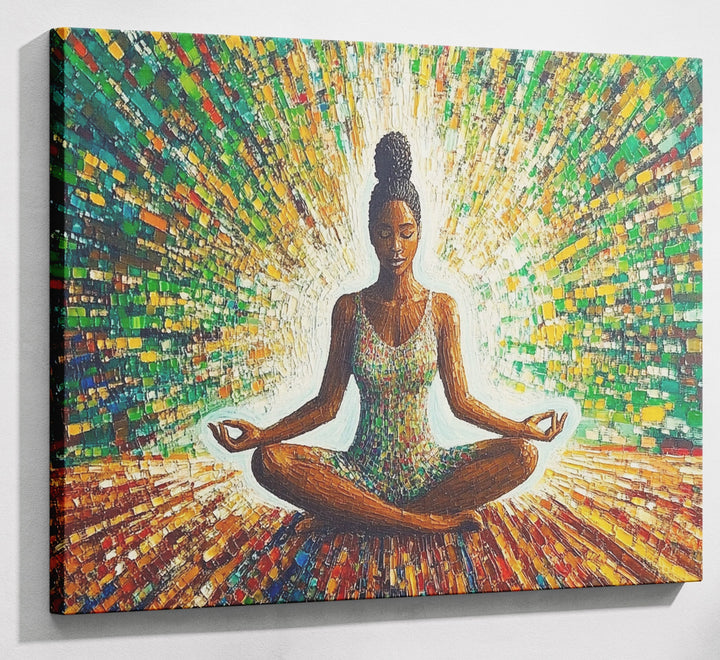 Black Woman Green Meditation African American wall art canvas print with visible wall art format