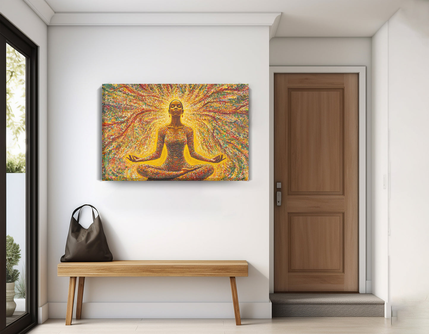 Golden Black Woman Meditation African American wall art displayed as entryway wall decor
