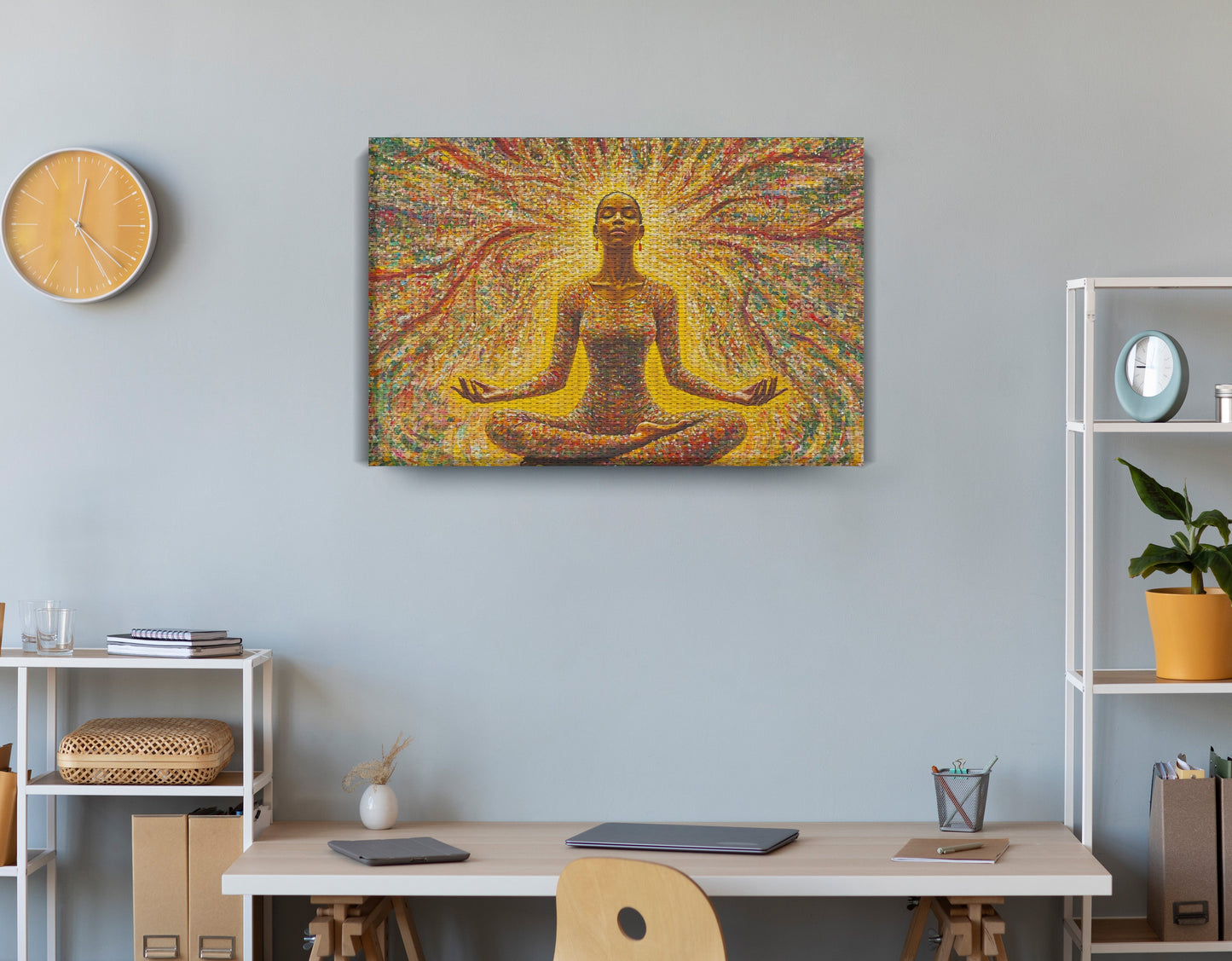 Golden Black Woman Meditation African American wall art displayed as office wall decor