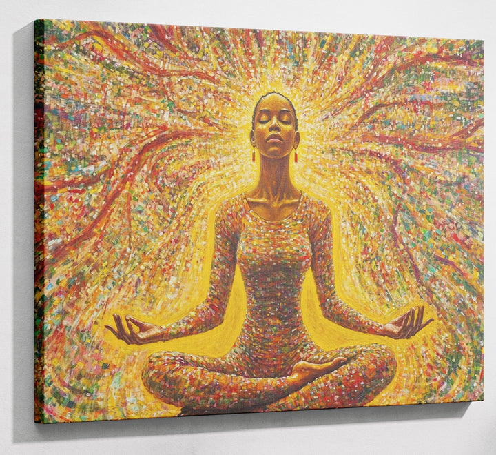 Golden Black Woman Meditation African American wall art canvas print with visible wall art format