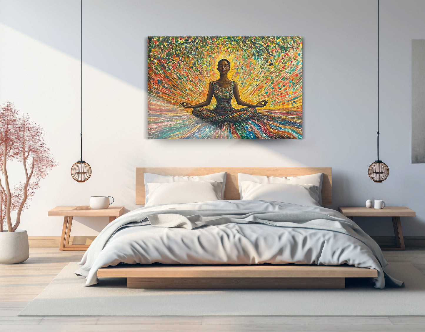 Black Woman Colorful Meditation African American wall art displayed as bedroom wall decor