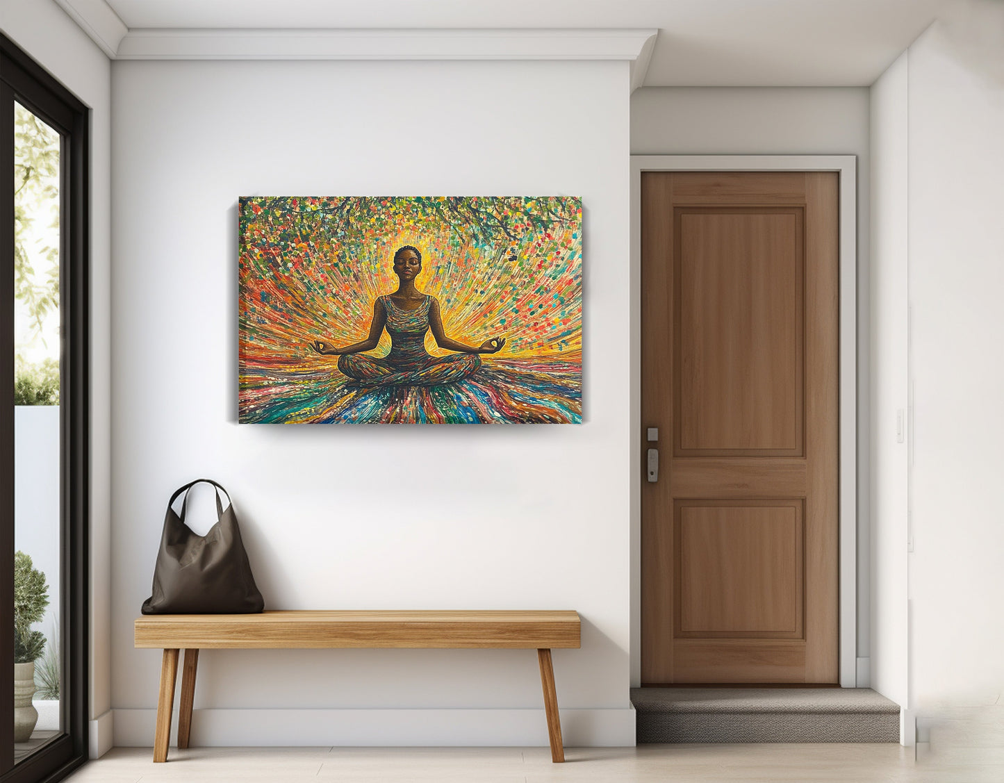 Black Woman Colorful Meditation African American wall art displayed as entryway wall decor