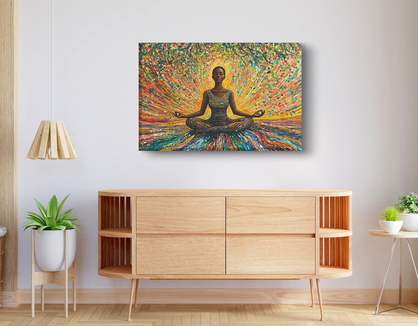Black Woman Colorful Meditation African American wall art displayed as living room wall decor