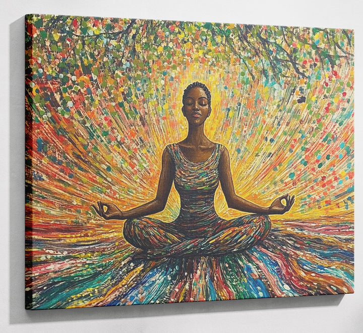 Black Woman Colorful Meditation African American wall art canvas print with visible wall art format