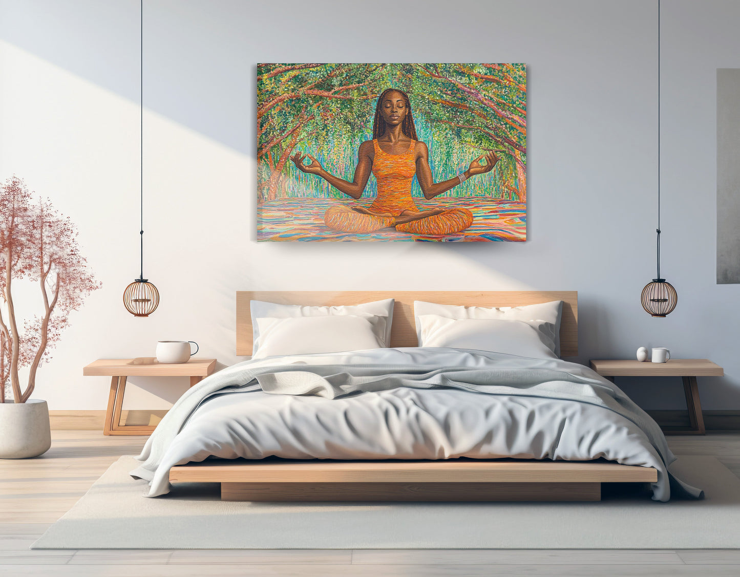 Black Woman Orange Yoga African American wall art displayed as bedroom wall decor