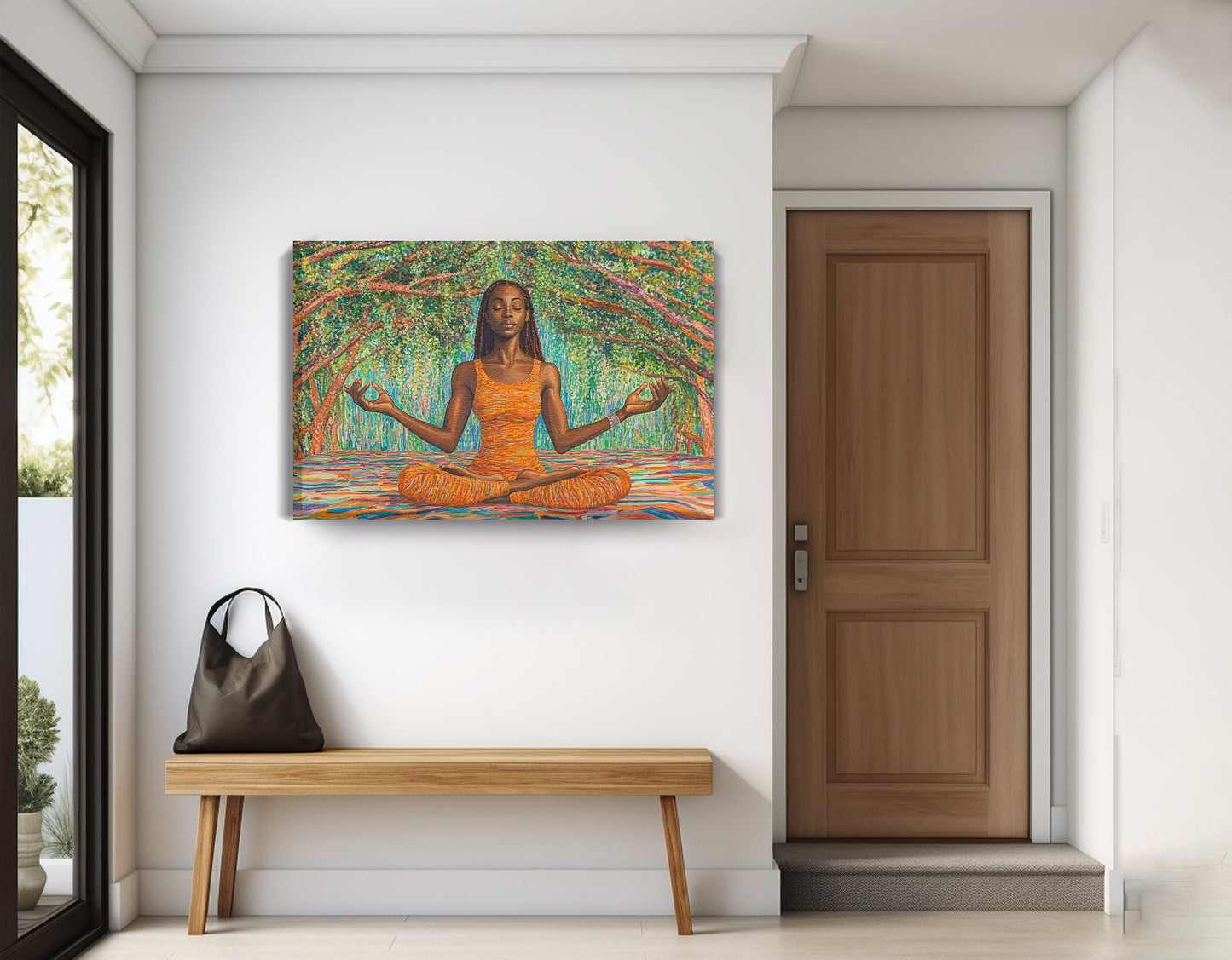 Black Woman Orange Yoga African American wall art displayed as entryway wall decor