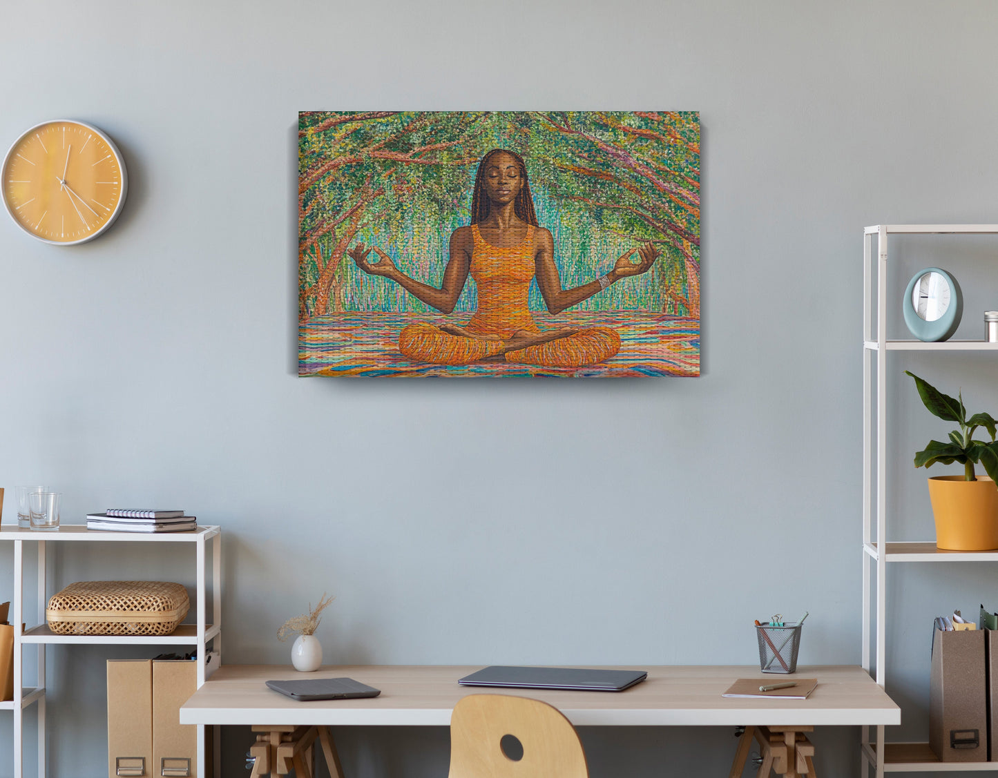 Black Woman Orange Yoga African American wall art displayed as office wall decor