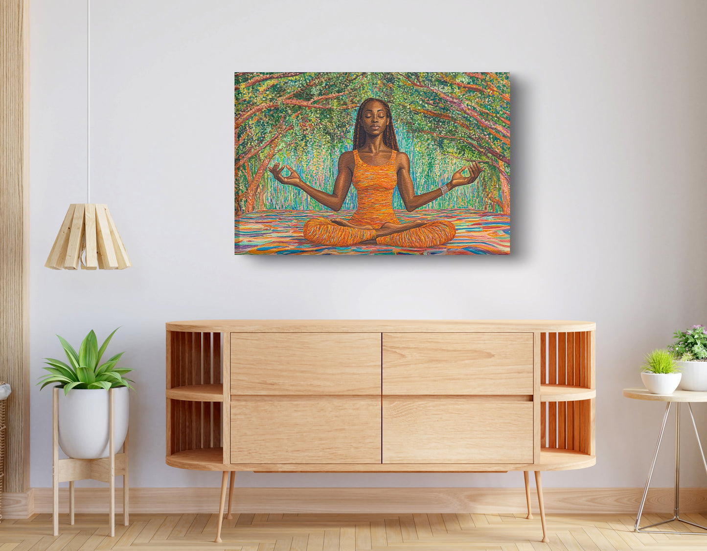 Black Woman Orange Yoga African American wall art displayed as living room wall decor