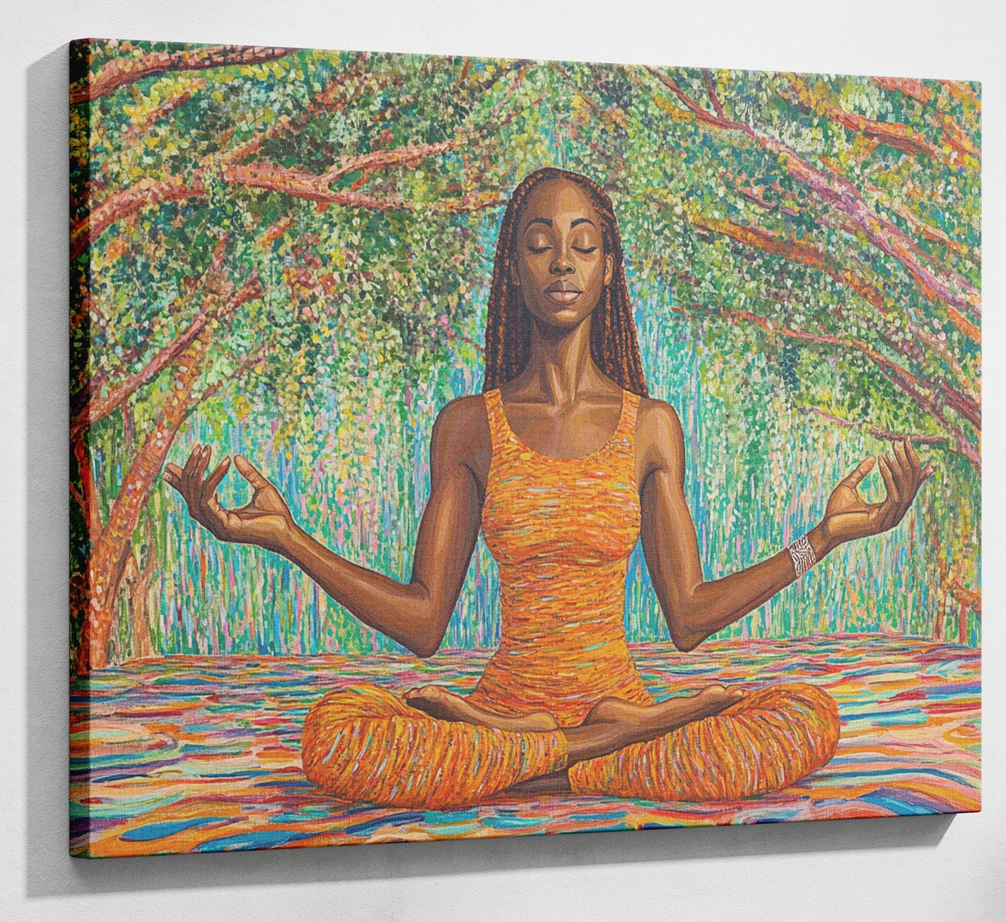 Black Woman Orange Yoga African American wall art canvas print with visible wall art format