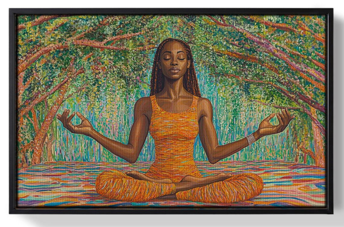 Framed Black Woman Orange Yoga African American wall art for home decor