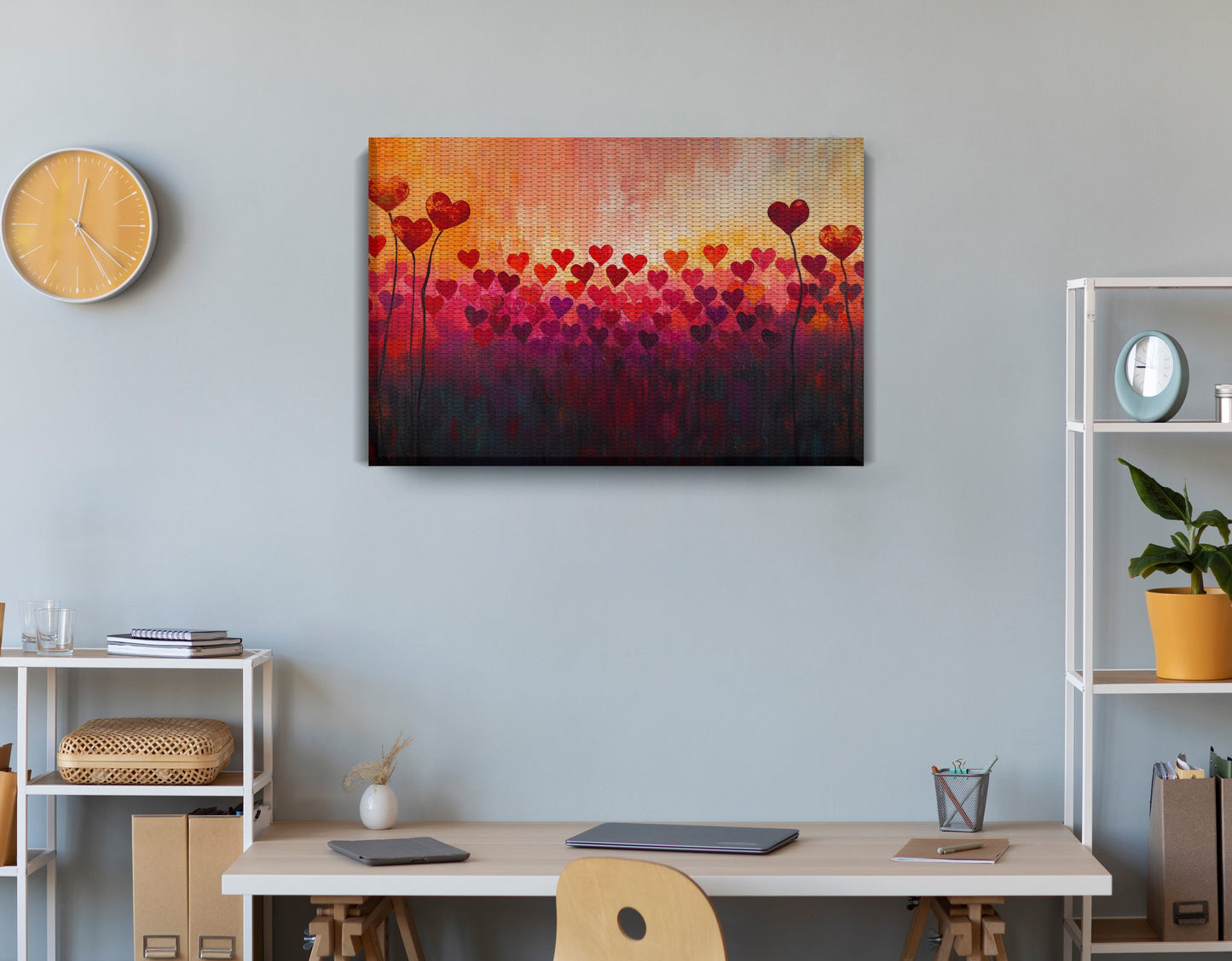 Heart Flower Sunset Black African American canvas print displayed as office wall decor