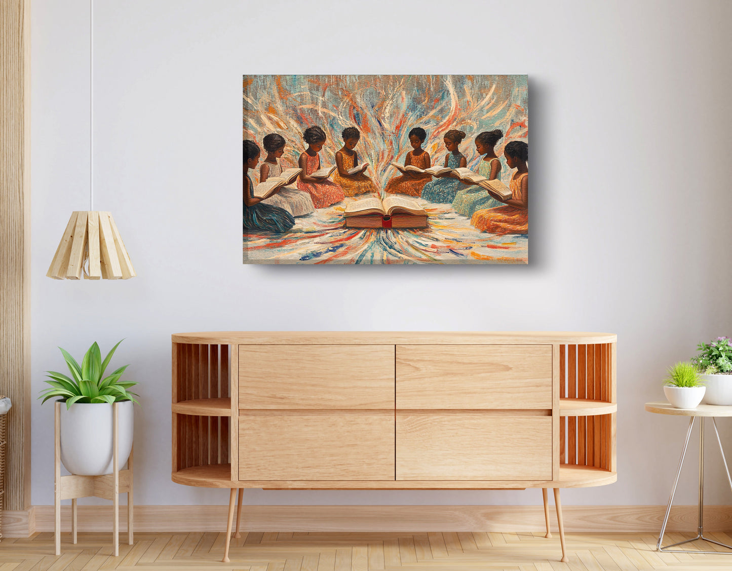 Black Children Reading Circle Black children wall art displayed as living room wall decor