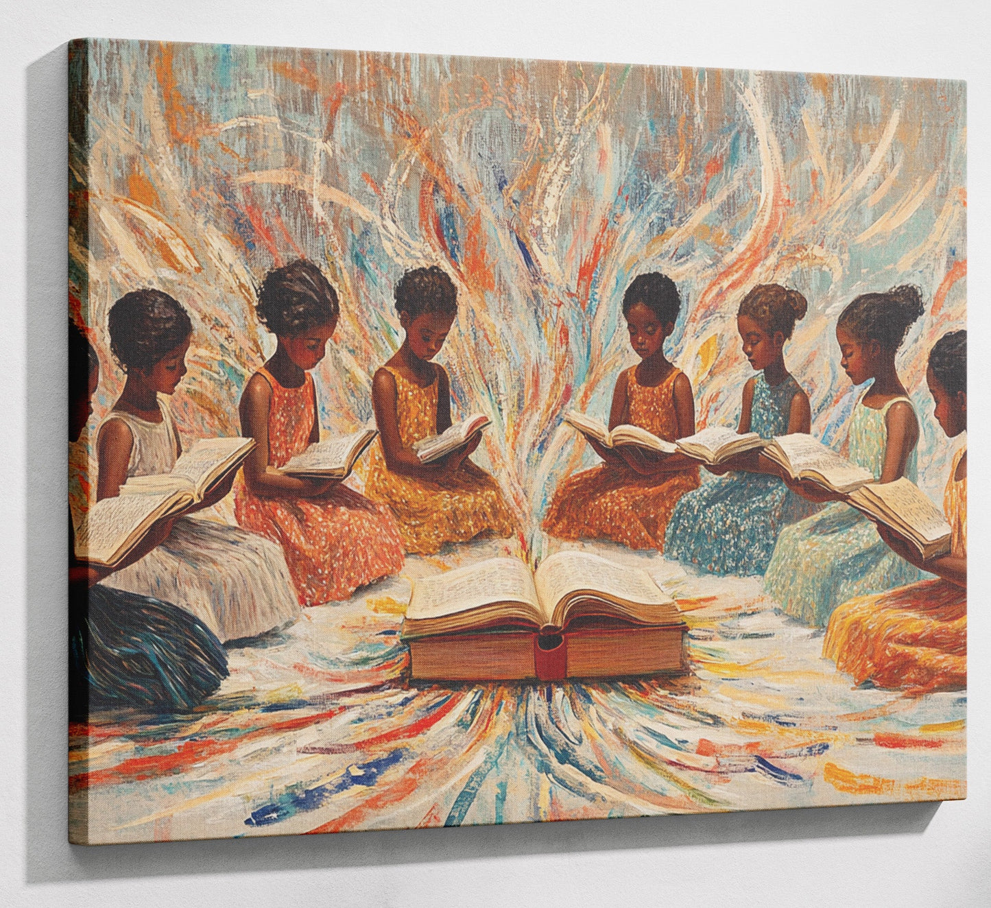 Black Children Reading Circle Black children wall art canvas print with visible wall art format