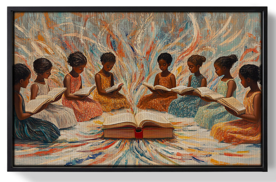 Framed Black Children Reading Circle Black children wall art for home decor