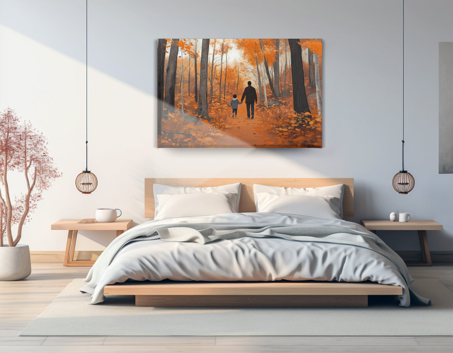 Black Father and Child Autumn Black family wall art displayed as bedroom wall decor