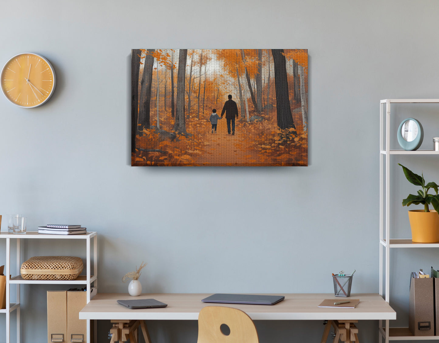 Black Father and Child Autumn Black family wall art displayed as office wall decor