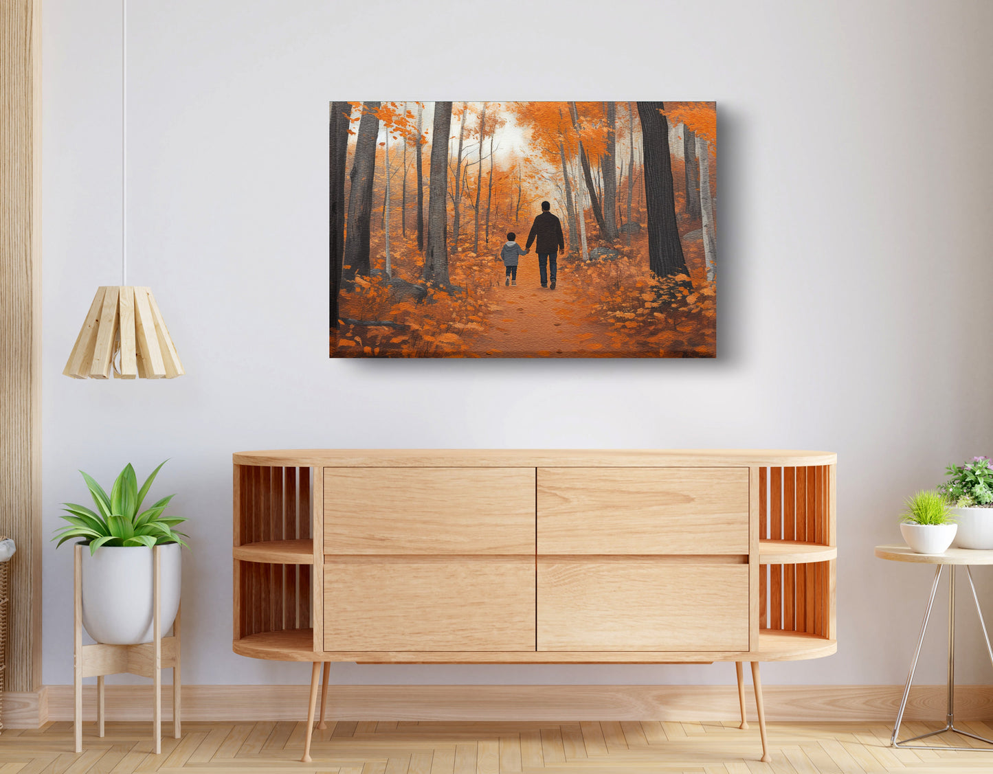 Black Father and Child Autumn Black family wall art displayed as living room wall decor