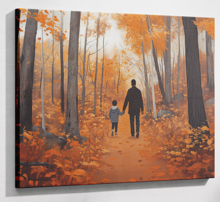 Black Father and Child Autumn Black family wall art canvas print with visible wall art format