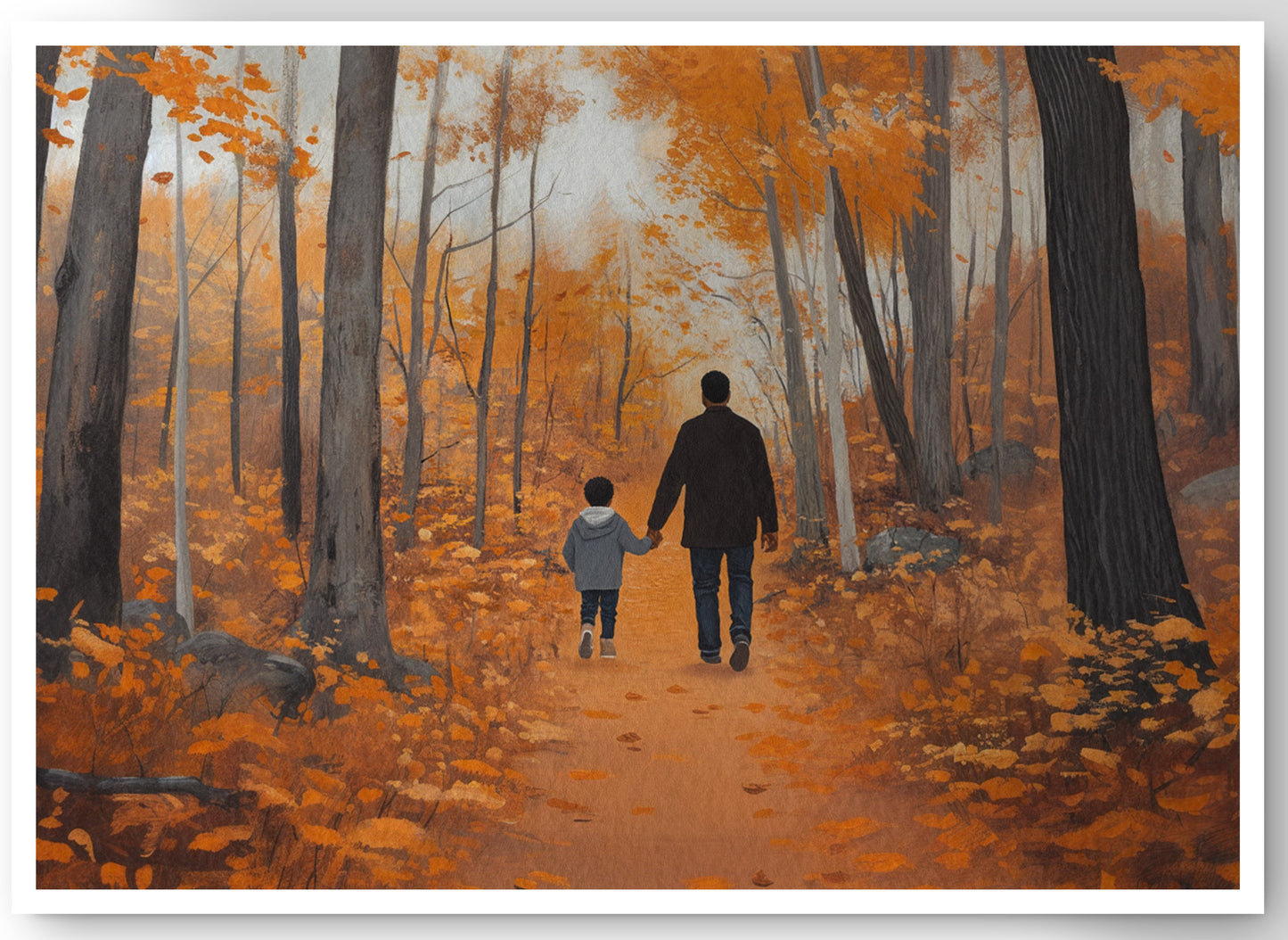 Black Father and Child Autumn Black family wall art canvas print by MoomZee Artwork