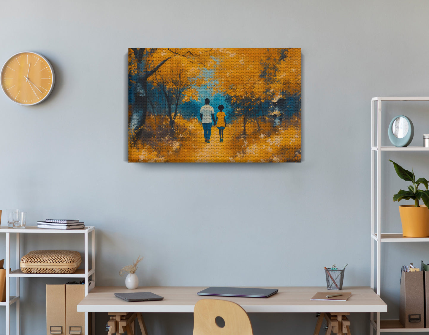 Black Father and Child Forest Black family wall art displayed as office wall decor