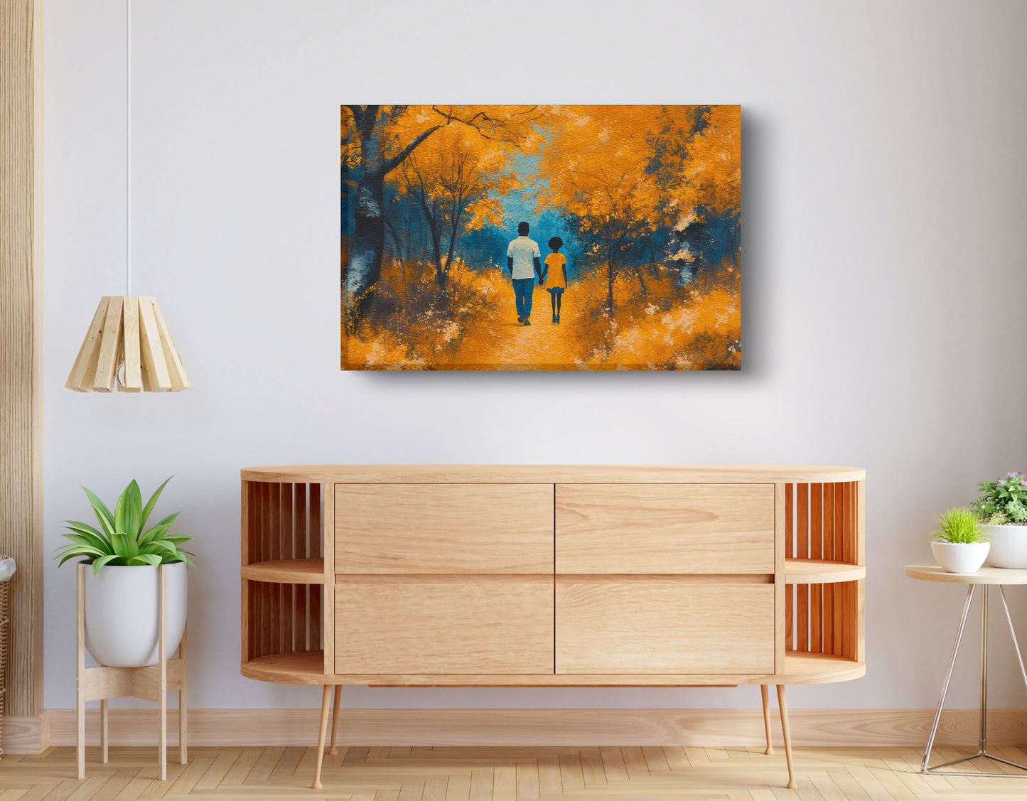 Black Father and Child Forest Black family wall art displayed as living room wall decor