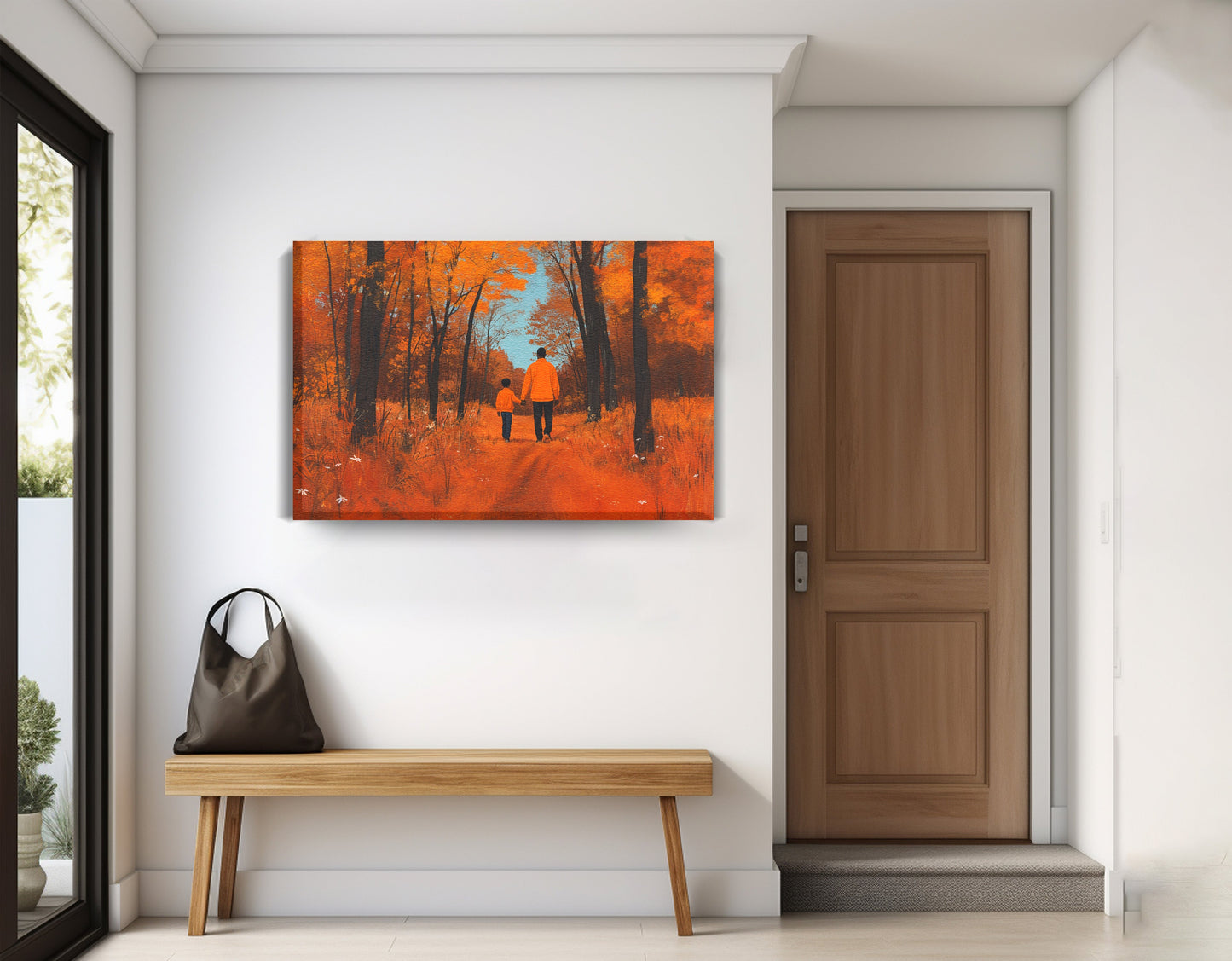 Black Father and Child Autumn Black family wall art displayed as entryway wall decor