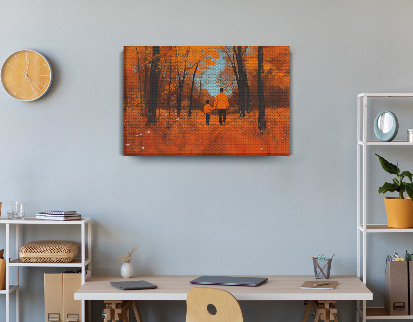 Black Father and Child Autumn Black family wall art displayed as office wall decor