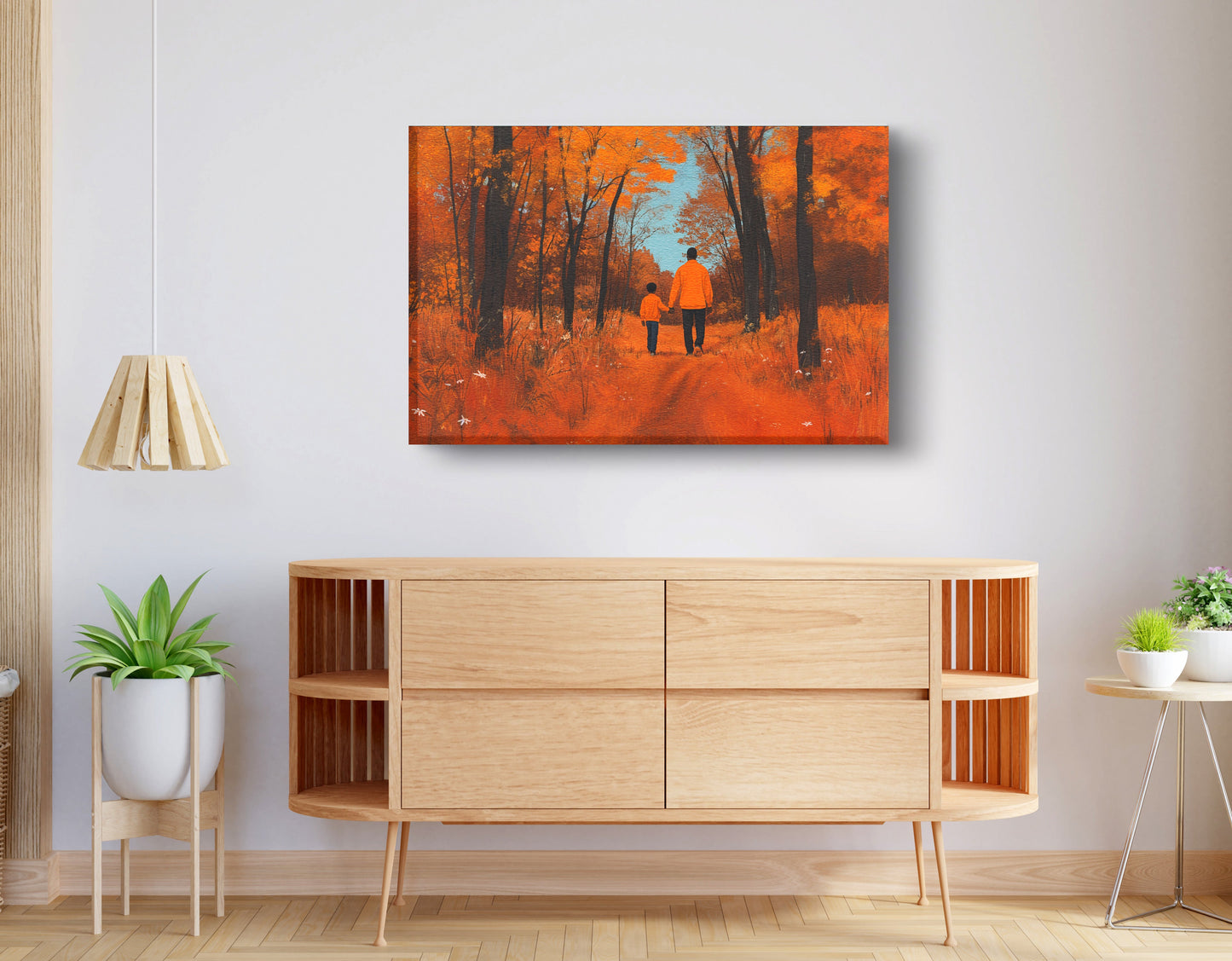 Black Father and Child Autumn Black family wall art displayed as living room wall decor