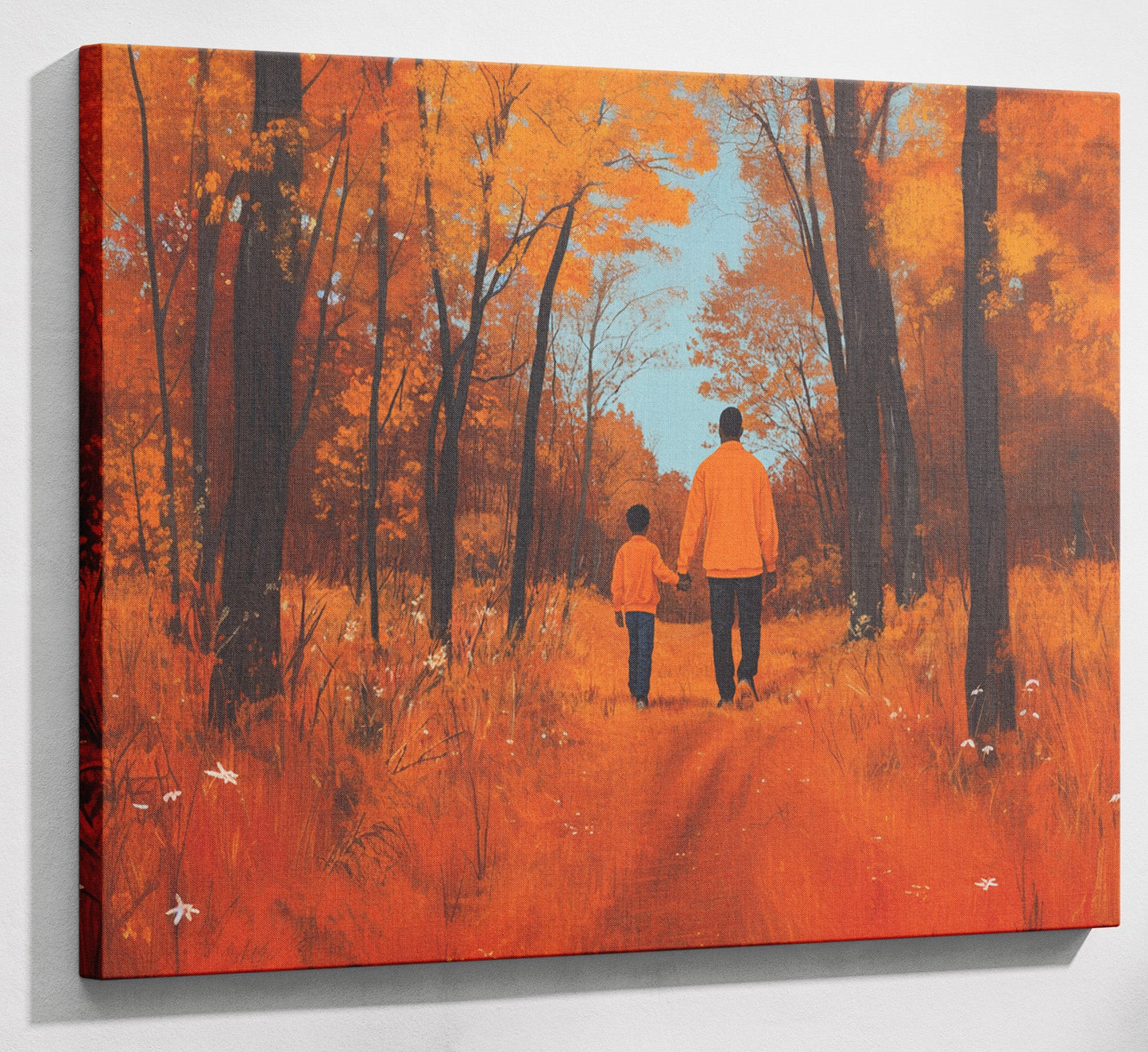Black Father and Child Autumn Black family wall art canvas print with visible wall art format