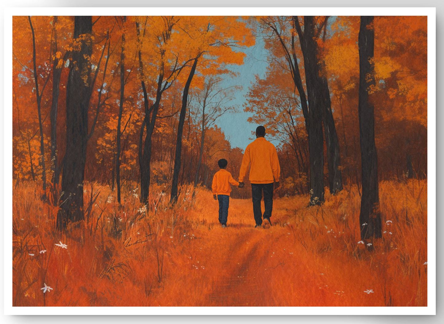 Black Father and Child Autumn Black family wall art canvas print by MoomZee Artwork