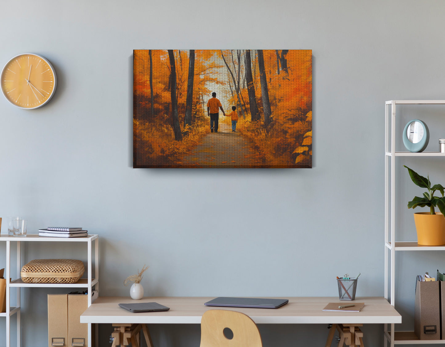 Black Father and Daughter Forest Black man wall art displayed as office wall decor