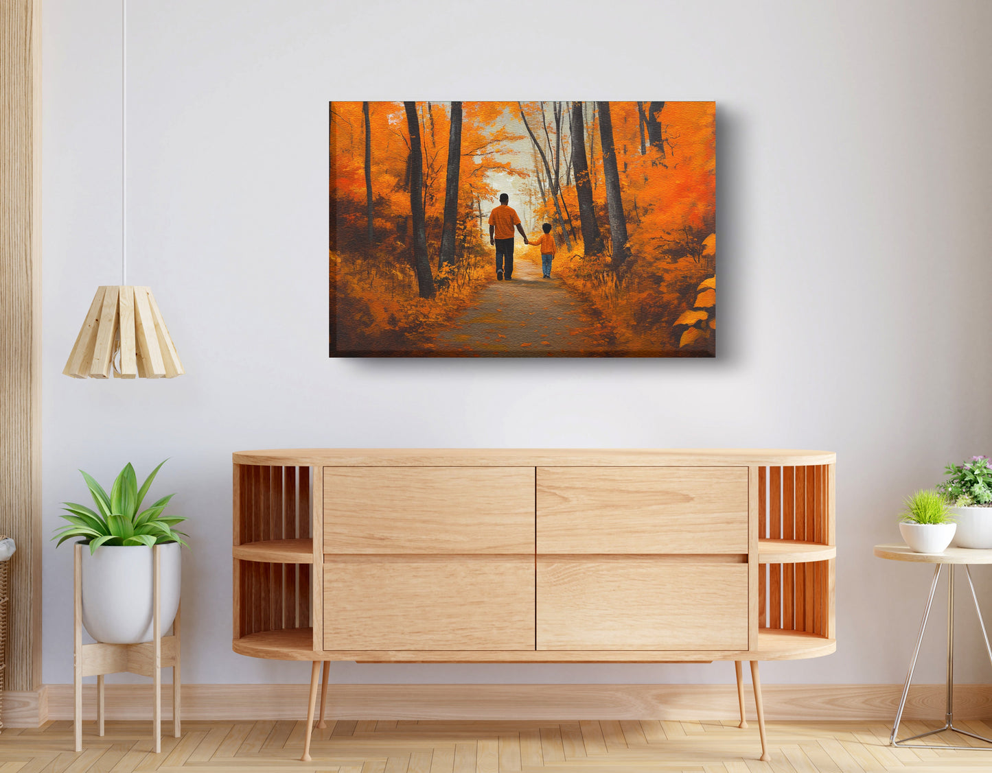 Black Father and Daughter Forest Black man wall art displayed as living room wall decor