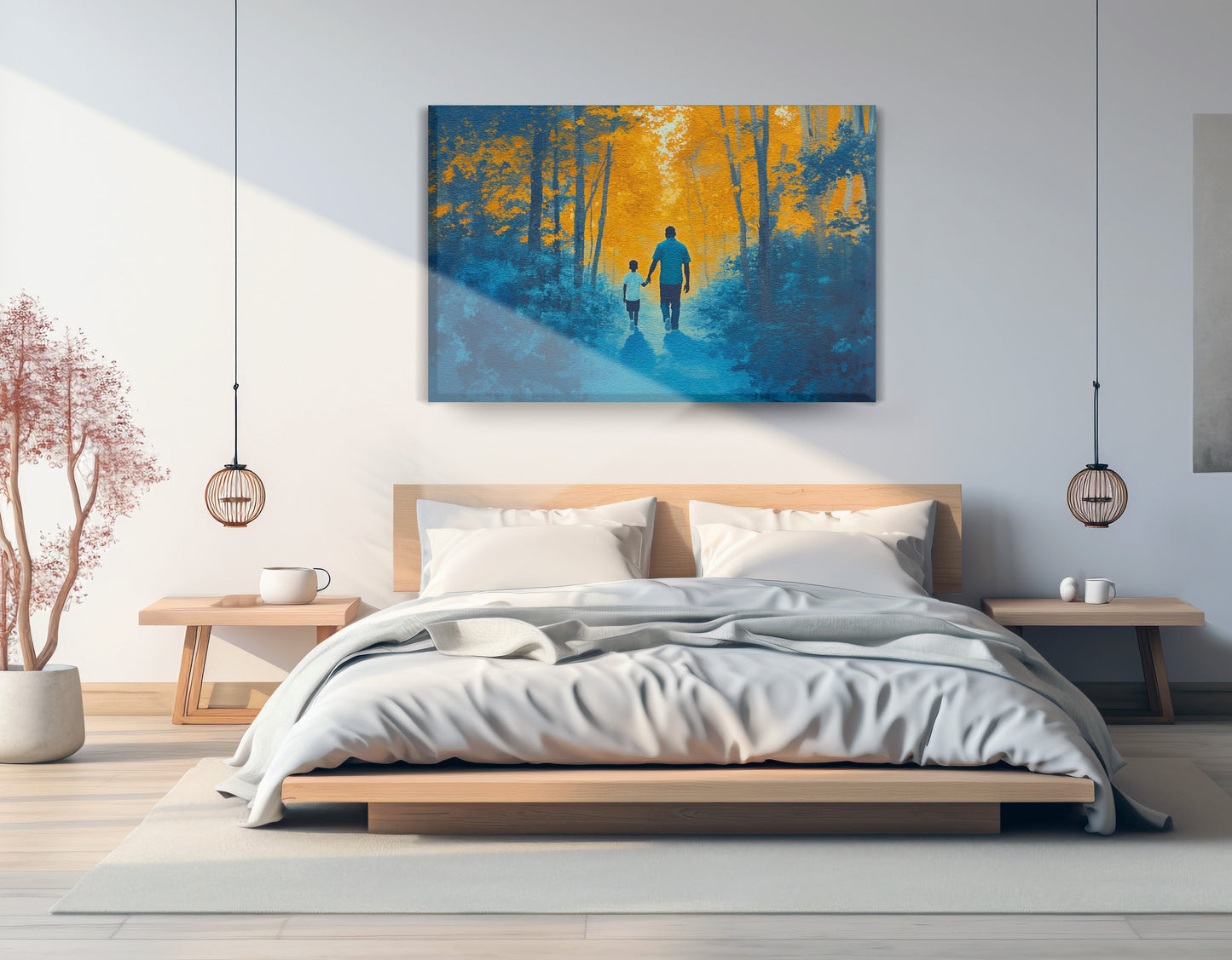 Black Father and Child Blue Forest Black family wall art displayed as bedroom wall decor