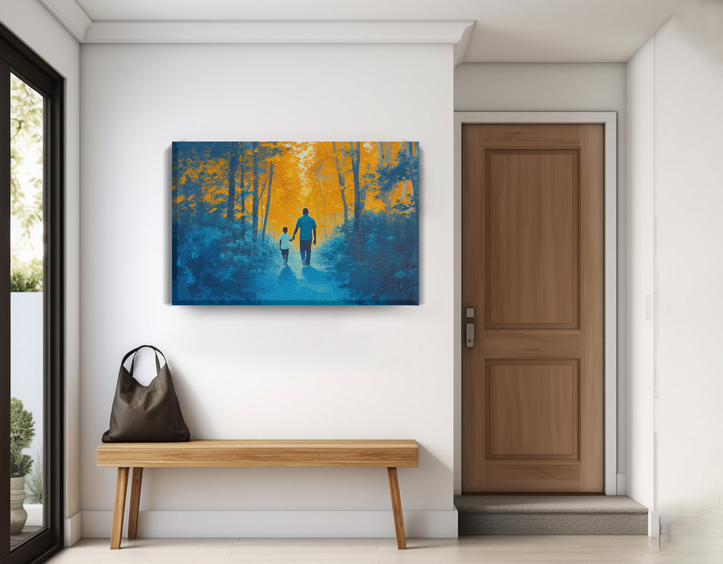Black Father and Child Blue Forest Black family wall art displayed as entryway wall decor