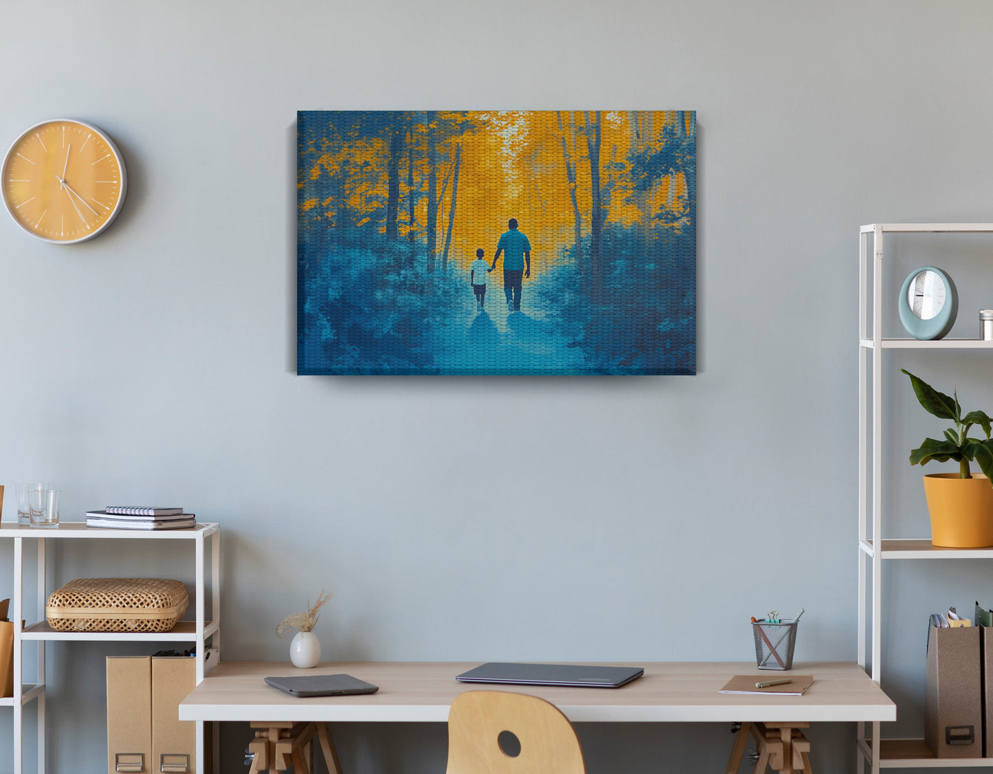 Black Father and Child Blue Forest Black family wall art displayed as office wall decor