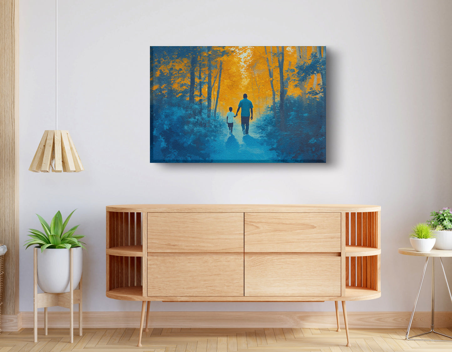 Black Father and Child Blue Forest Black family wall art displayed as living room wall decor