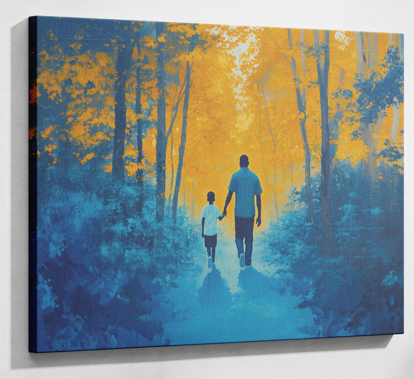 Black Father and Child Blue Forest Black family wall art canvas print with visible wall art format