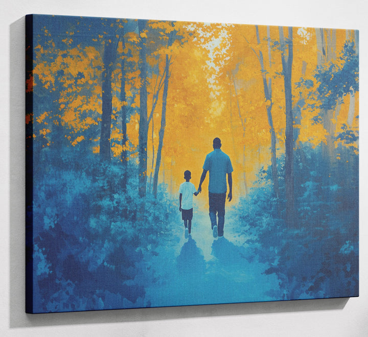 Black Father and Child Blue Forest Black family wall art canvas print with visible wall art format