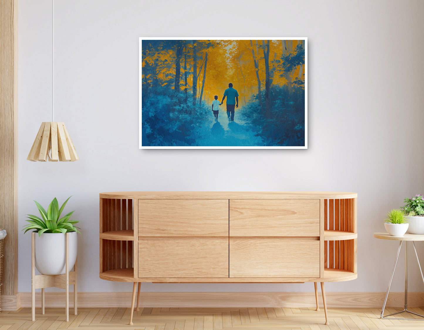 Alternate view of Black Father and Child Blue Forest Black family wall art canvas print